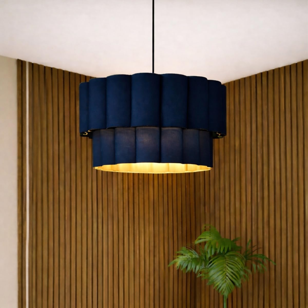 Cgc Lighting Navy 2 Tier Indoor Lampshade Scalloped Two Tier Large 48Cm Width Drum Shape Ceiling Hanging (Navy 2 Tier)