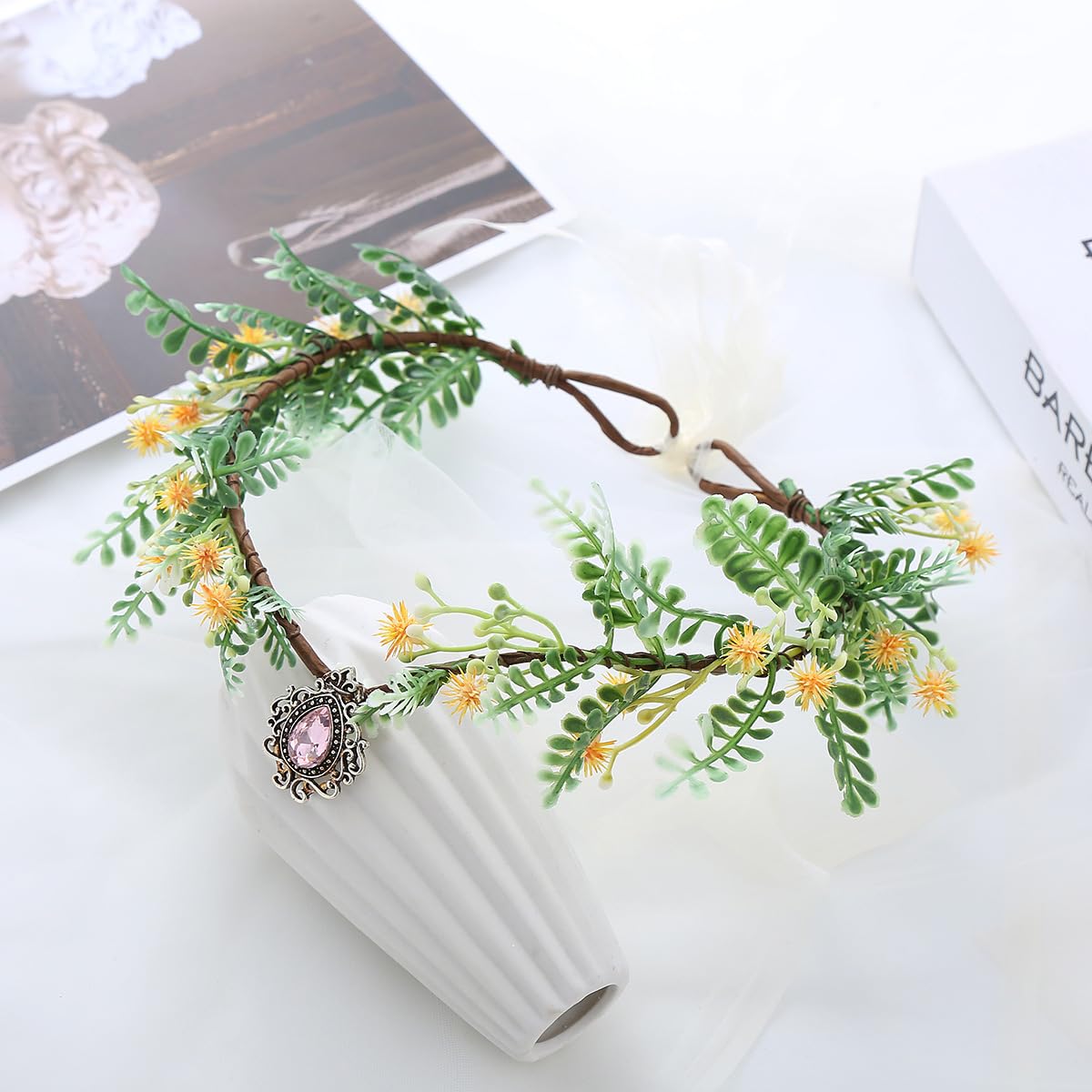 LEEMASING Flower Headband Elf Garland Crown Fairy Floral Diademas Headpiece For Easter Carnival Party Bridal Wedding (Yellow Pink) - Image 3