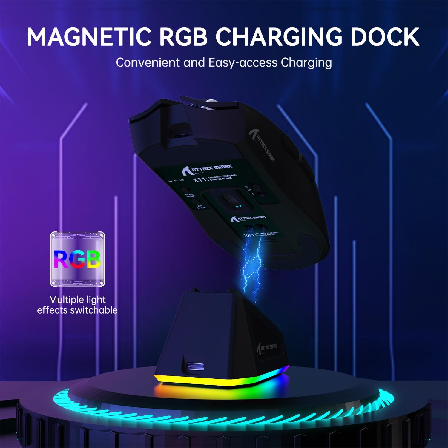 ATTACK SHARK X11 mouse charging on RGB dock