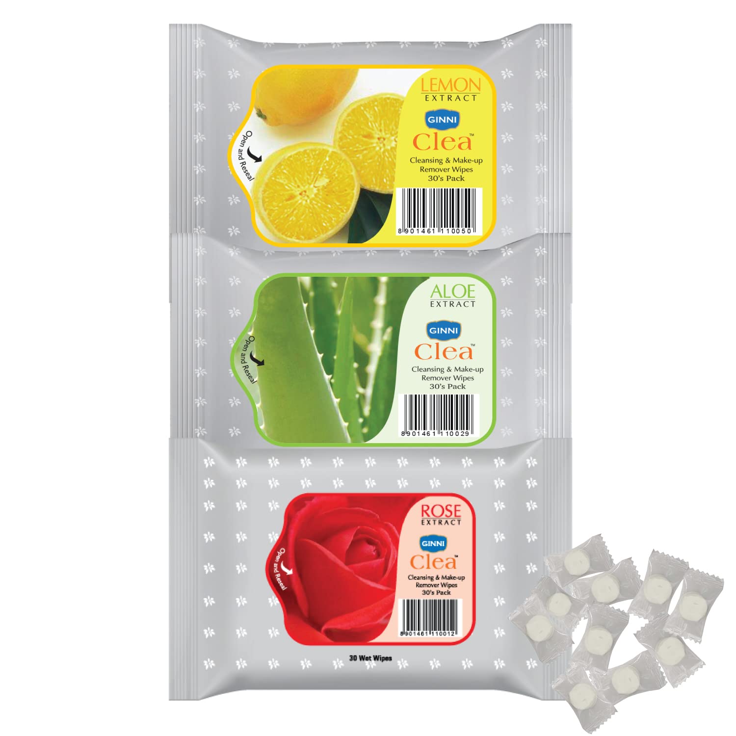 Ginni Clea Cleansing and Make-up Remover Wet Wipes (Rose,Aloevera,Lemon)(pack of 3)(30 wipes per pack) with Coin Tissues (50 pcs) Candy Pack-picture-28