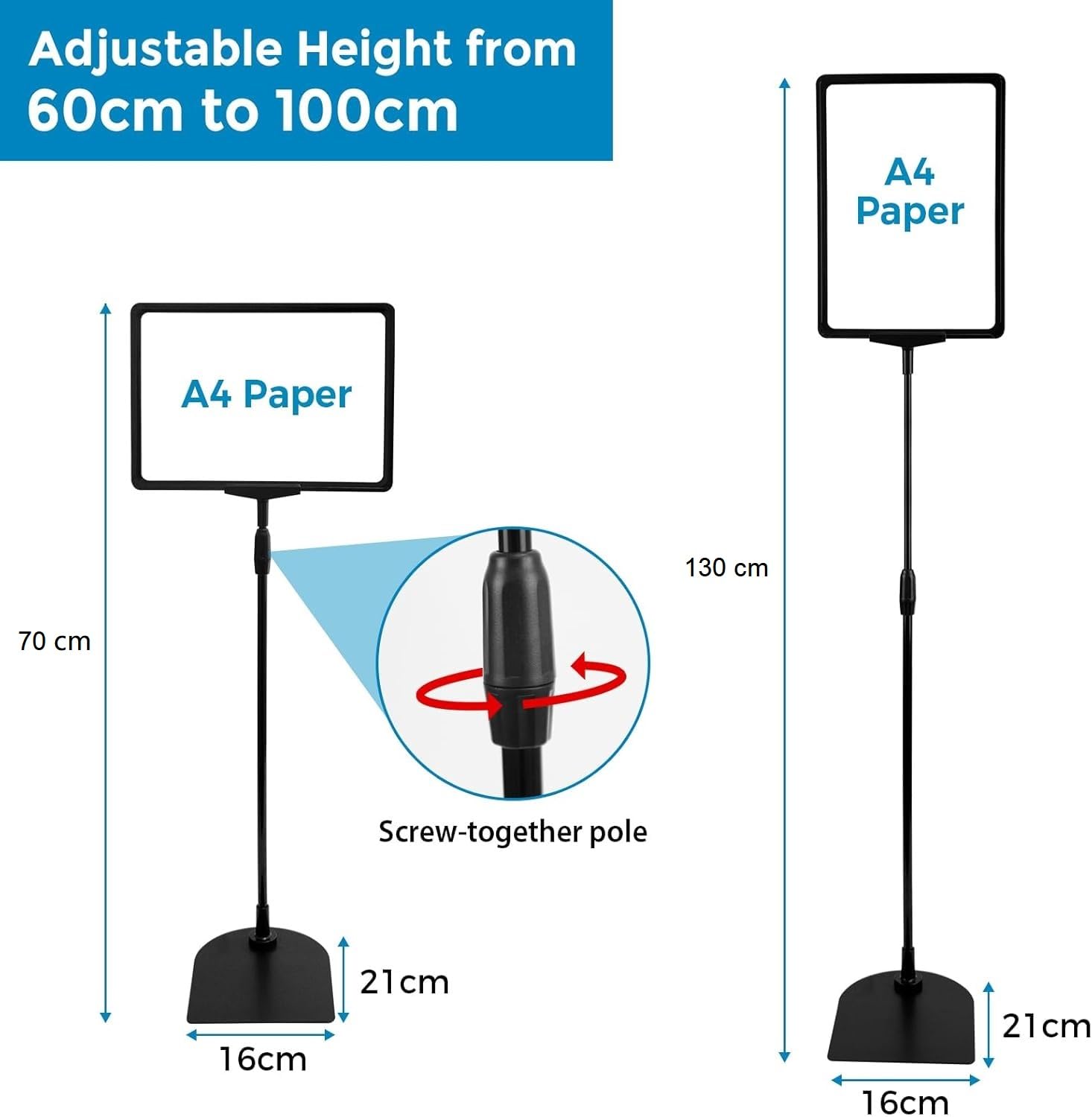 JAOGAUS Set da 6 porta poster A4, espositore regolabile 60-100 cm con base stabile da pavimento, supporto in metallo per menu ristorante, porta menu da tavolo, leggio, bacheca sughero e cavalletto