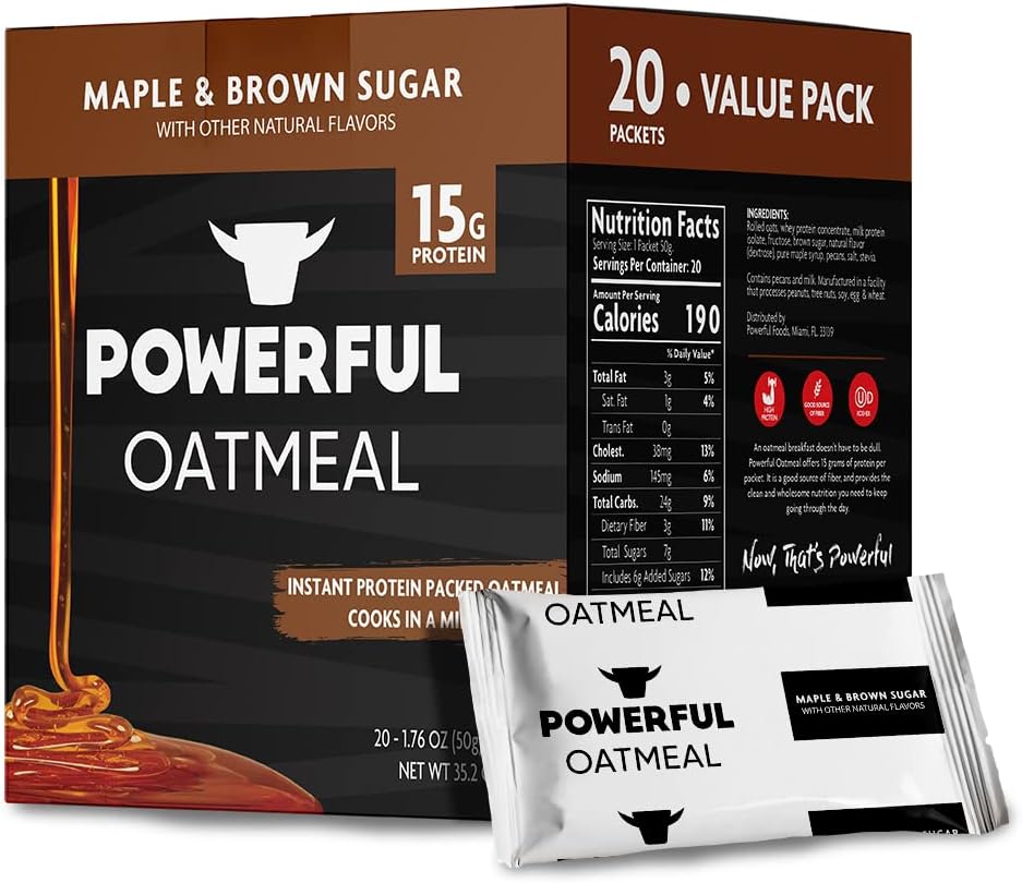Powerful Nutrition Instant Protein Oatmeal Packets, Maple Brown Sugar, 20 Count, 15g of Protein, 3g of Fiber, Kosher, Natural Ingredients, Power Up Your Day with an Instant Breakfast