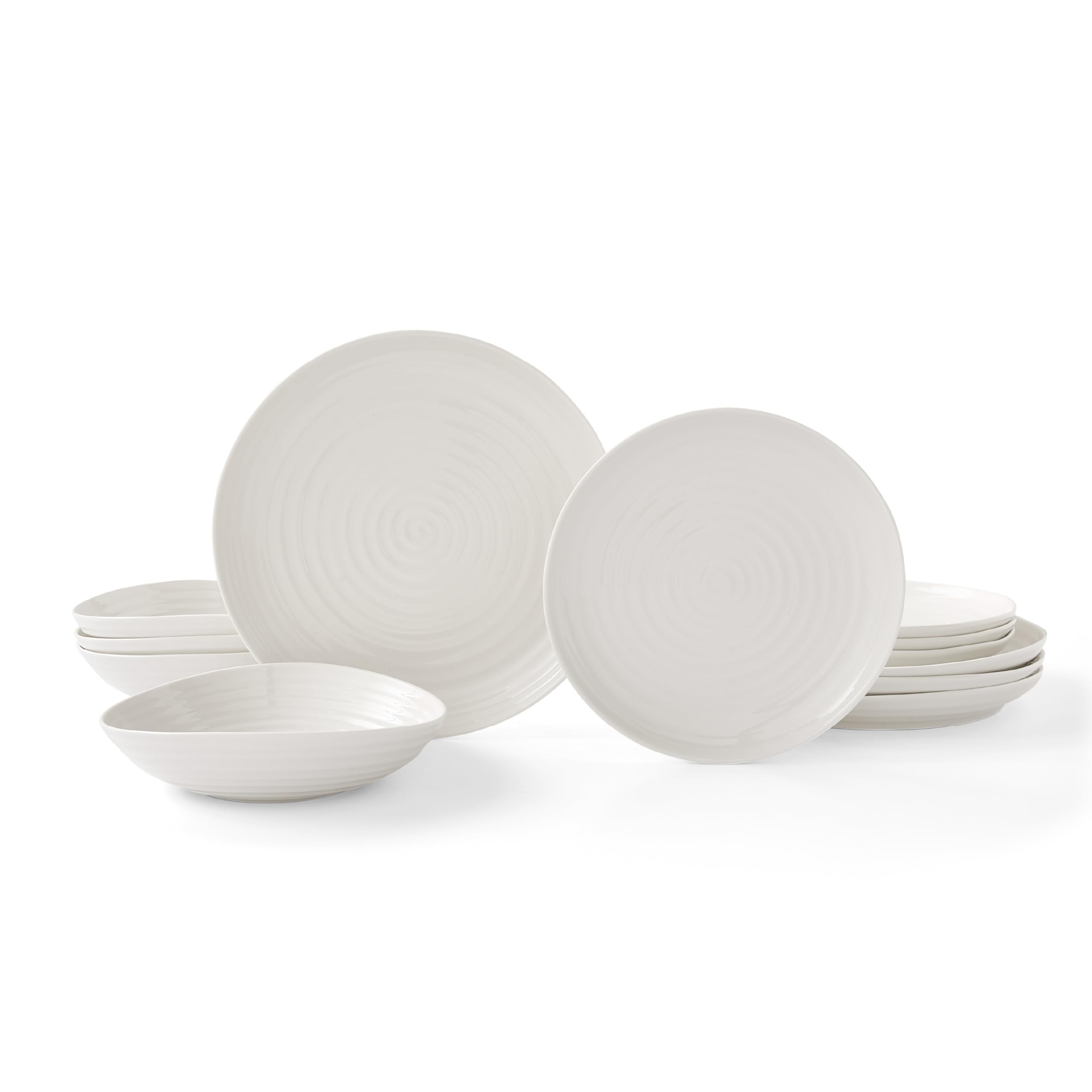 Portmeirion x Sophie Conran 12 Piece White Porcelain Coupe Plate and Bowl Set - Elegant and Oven Safe Tableware, Suitable for Everyday Dining or Special Occasions