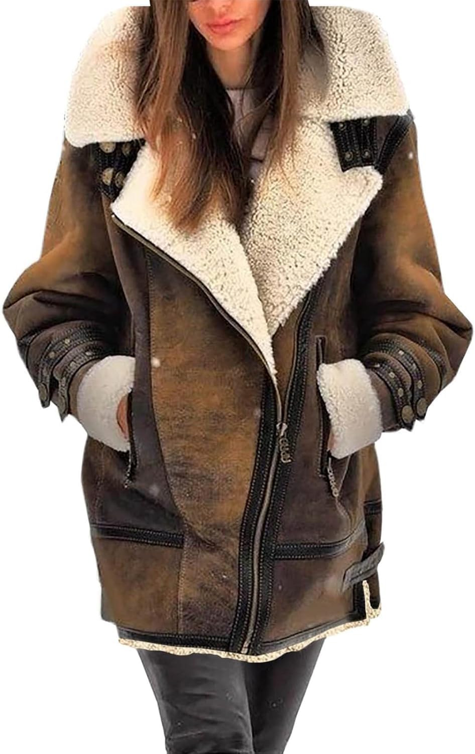 Abrigos de invierno para mujer – Chaqueta de piel sintética con forro polar Sherpa de gamuza gruesa, abrigo cálido de piel sintética con cremallera, abrigo vintage de lana de oveja para motociclista
