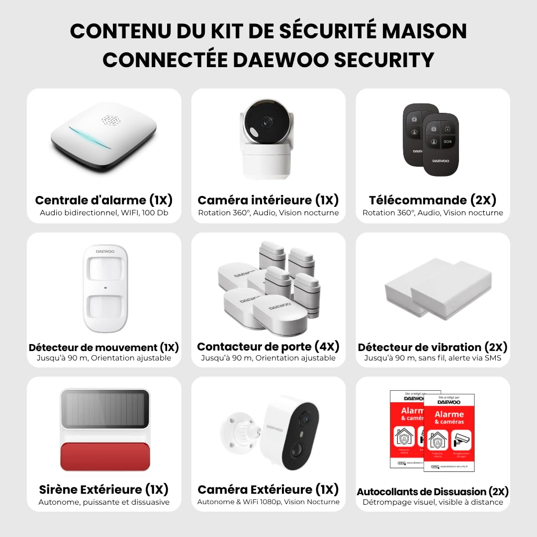 Daewoo Security – Pack de Alarma para casa conectada WiFi y gsm – Sistema de Seguridad inalámbrico con cámaras Interiores y Exteriores, Sirena Solar, detectores Zigbee – sin suscripción