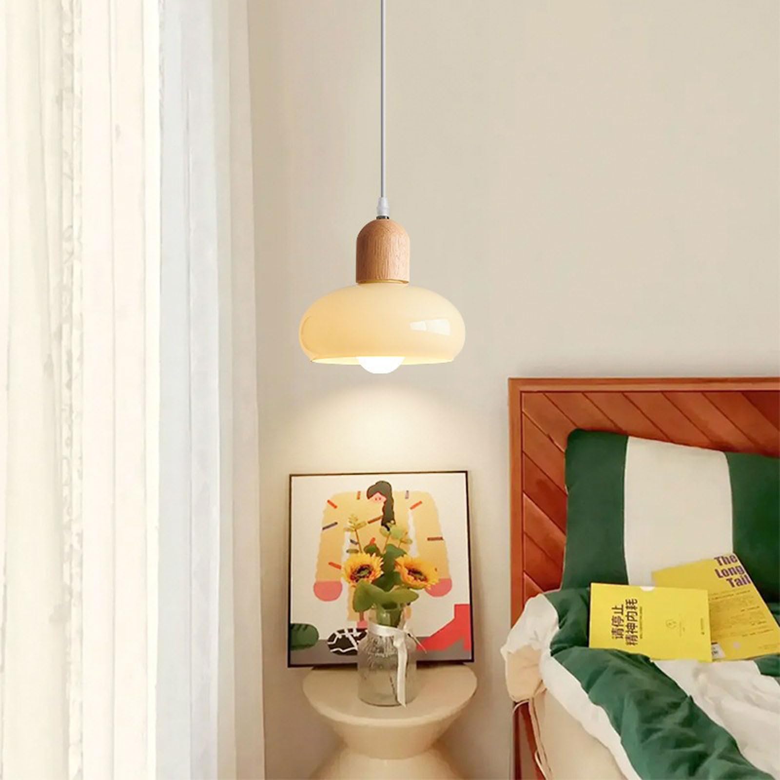 Lámpara Colgante en Vidrio y Madera de Caucho 20cm E27 con Altura Ajustable para Dormitorio, Sala de Estar, Cocina (19cm)