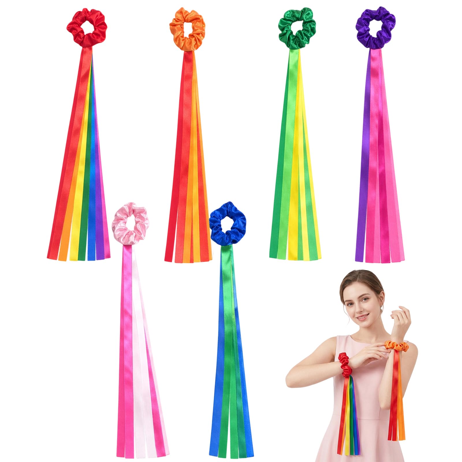 6-Piece Dance Ribbons Scrunchies, Gymnastics Ribbon Hair Ties, Dancing Ribbons, Hand Held Rhythm Streamers Gymnastics Decorations for Kids and Adults Ideal Dance Practice Accessories Tool