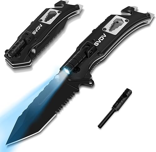 GVDV Cuchillo de bolsillo con luz LED Cuchillo táctico plegable multiherramienta con hoja afilada 440C, cuchillo de supervivencia 9 en 1 con
