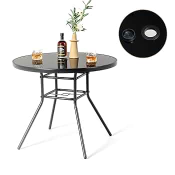 Tavolino Da Giardino Quadrato Con Foro Ombrellone - Piano In Vetro, Portata 80 Kg, Nero