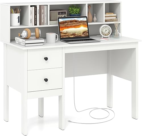 Giantex White Desk with Drawers & Hutch, Home Office Desk with Charging Station, 5 Storage Cubbies, Makeup Vanity Table, Modern Study Writing Desk,