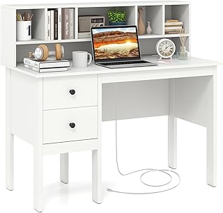 Giantex White Desk with Drawers & Hutch, Home Office Desk with Charging ...