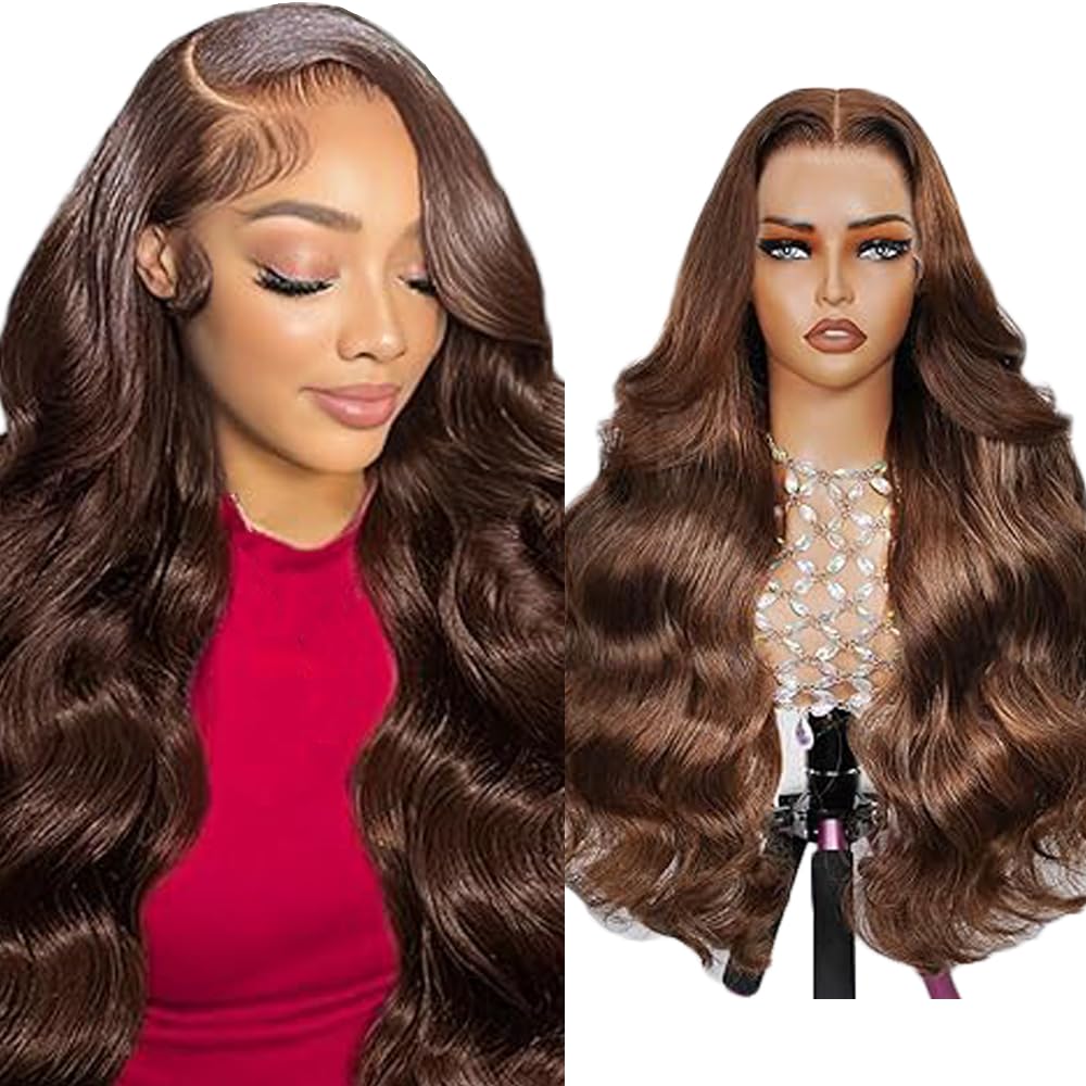 Swiss Lace Front Wig Body Wave 32 Inch 13x6 Chocolate Brown Brazilian Virgin Human Hair Pre Plucked Natural Hairline