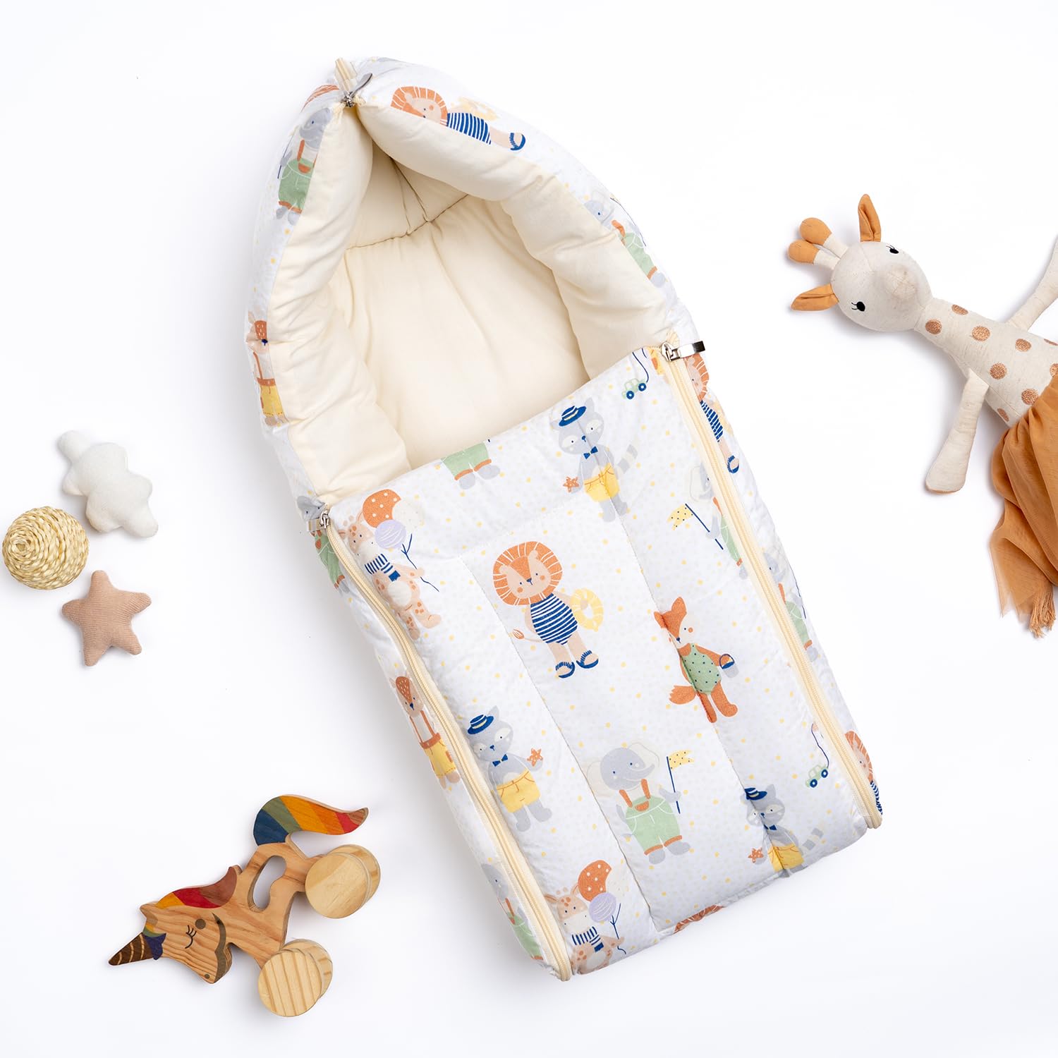 haus & kinder 3 in 1 Baby Sleeping Bag & Carry Nest | Cotton Bedding Set for Infants & New Born Baby | Portable/Travel & Skin Friendly | 0-6 Months (Jungle Party)