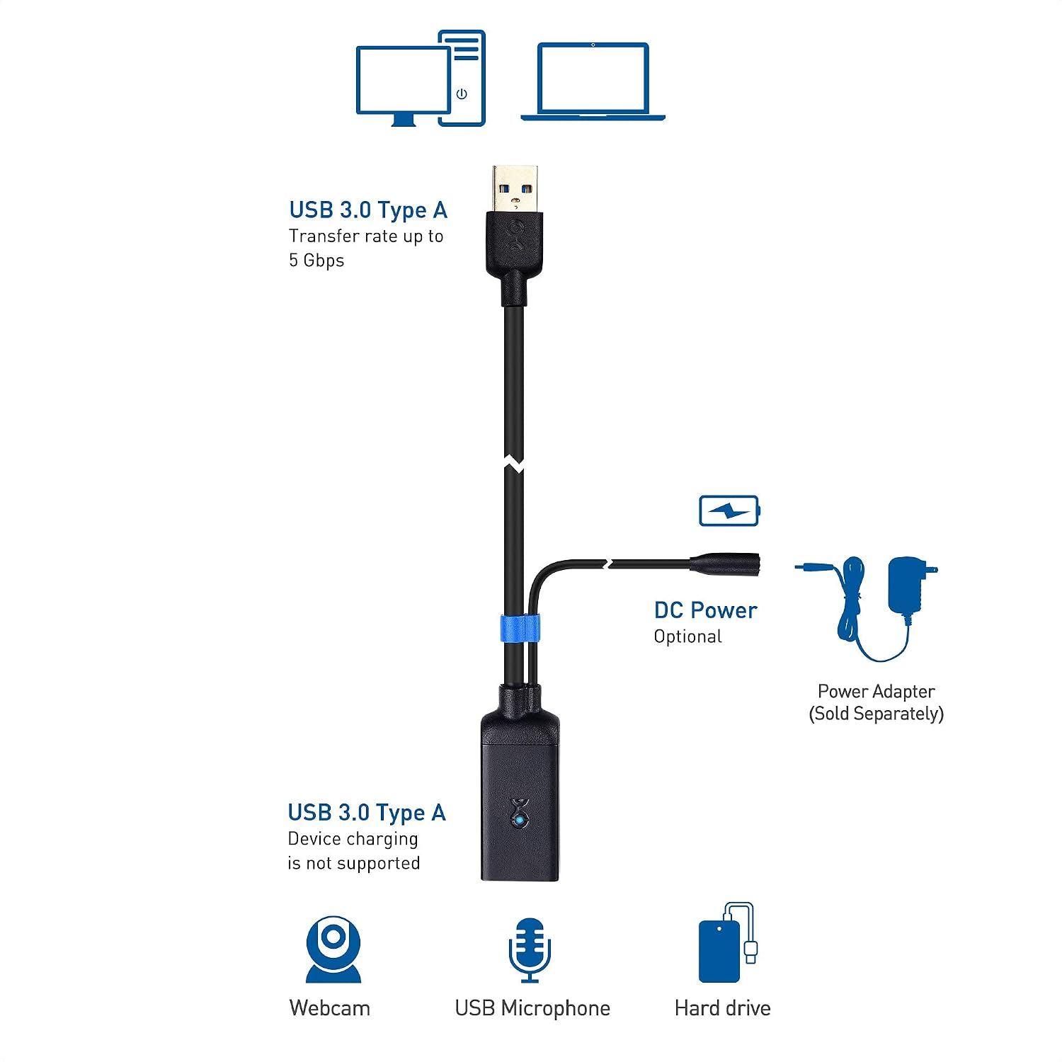 Cable Matters Active USB Extension Cable 16.4 ft / 5m (USB 3.0 Extension Cable Male to Female) with Signal Booster for Hard Drive, Webcam and More