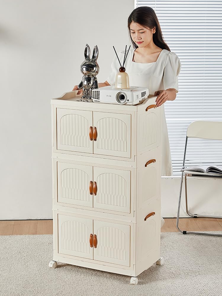 Photo 1 of CARVPUMS Stackable Collapsible Storage Bins with Lids Closet Organizers Nightstand Foldable Plastic Home Container with Door for Kitchen Livingroom Bedroom Office Bathroom (19Gal 3Pack)