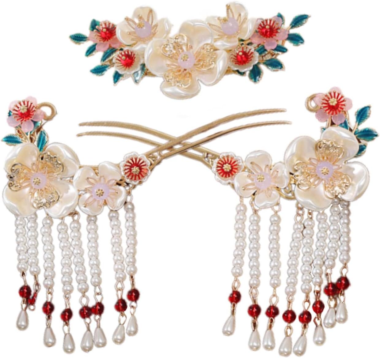 3 Pcs Flower Tassels Hairpin, Chinese Hair Pins Flower Pins for Hair, Chinese Hanfu Hairpin Rhinestone Pearl Clips Headpiece, Retro Hanfu Wedding Brides Updo Long Hair Accessories (Gardenia flowers)