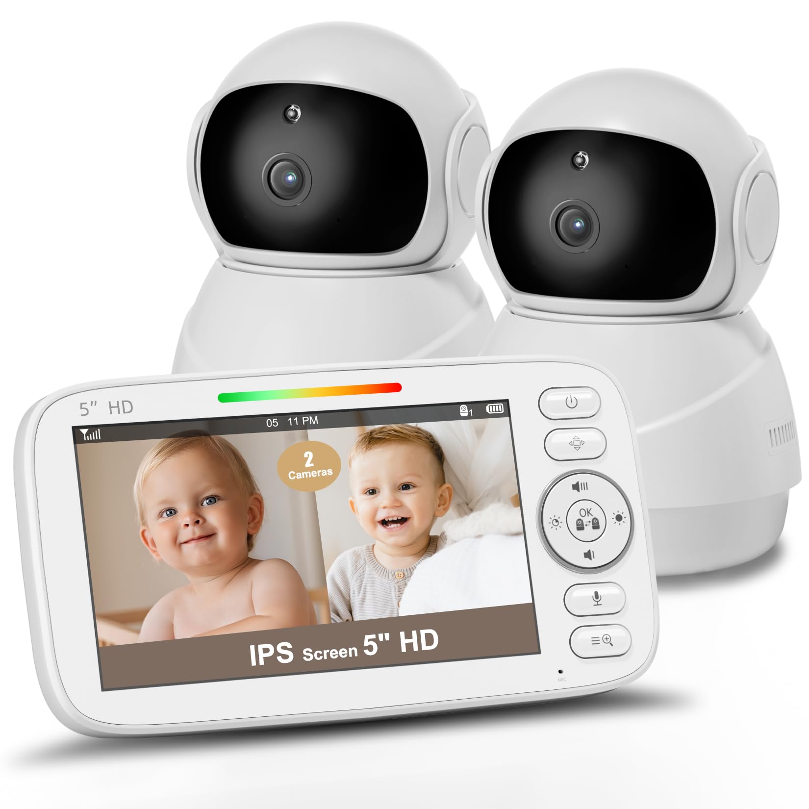 Kidsneed Monitor de bebé de pantalla dividida de 5 pulgadas con 2 cámaras HD 720P y audio, sin WiFi, 48 horas de duración de la batería, visión nocturna, panorámica, inclinación y zoom remotos