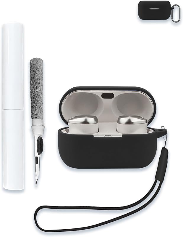 Case for Technics EAH-AZ100 Hi-Fi Wireless Earbuds, Soft Silicone Protective Portable Scratch Shock Resistant Shell with Cleaner Kit & Carabiner & Lanyard，Black