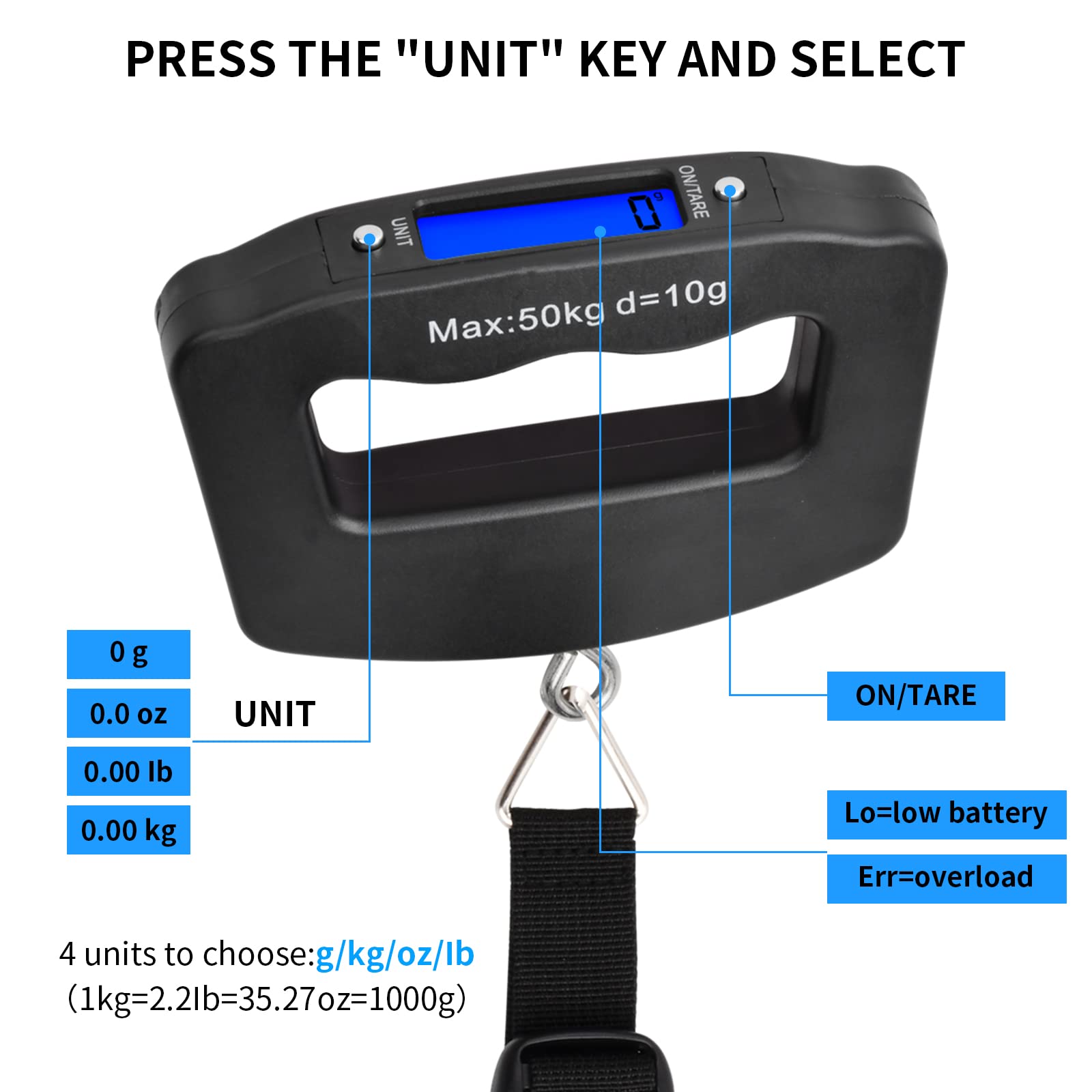 Jinlaili Cyfrowa waga bagażowa do 50 kg/110 lb, przenośna waga bagażowa do walizki, analogowa, waga wisząca, wyświetlacz LCD, funkcja tary, mała waga podróżna z hakiem do walizki podróżnej, kuchni, wędkowania