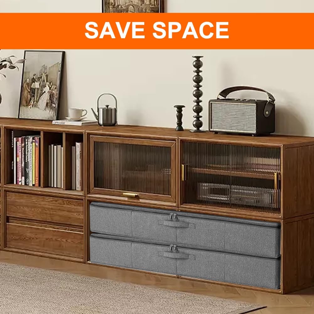 Set di 2 contenitori sotto il letto con coperchio con lati e rinforzo sul fondo, 3 manici, scatola pieghevole in tessuto altezza 12 cm, contenitore per il letto, contenitore per cuscini per esterni