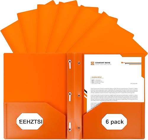 EEHZTSI 6-Pack Plastic Folders with Pockets and Prongs,2-Pocket Folders with 3 Fasteners, Holds 8-1/2" x 11" Paper for School/Office/Home, Orange