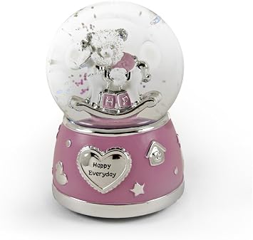 MusicBoxAttic Adorable Pink and Silver Teddy Bear On Rocking Horse Animated Snow Dome - Many Songs to Choose - Everything is Beautiful