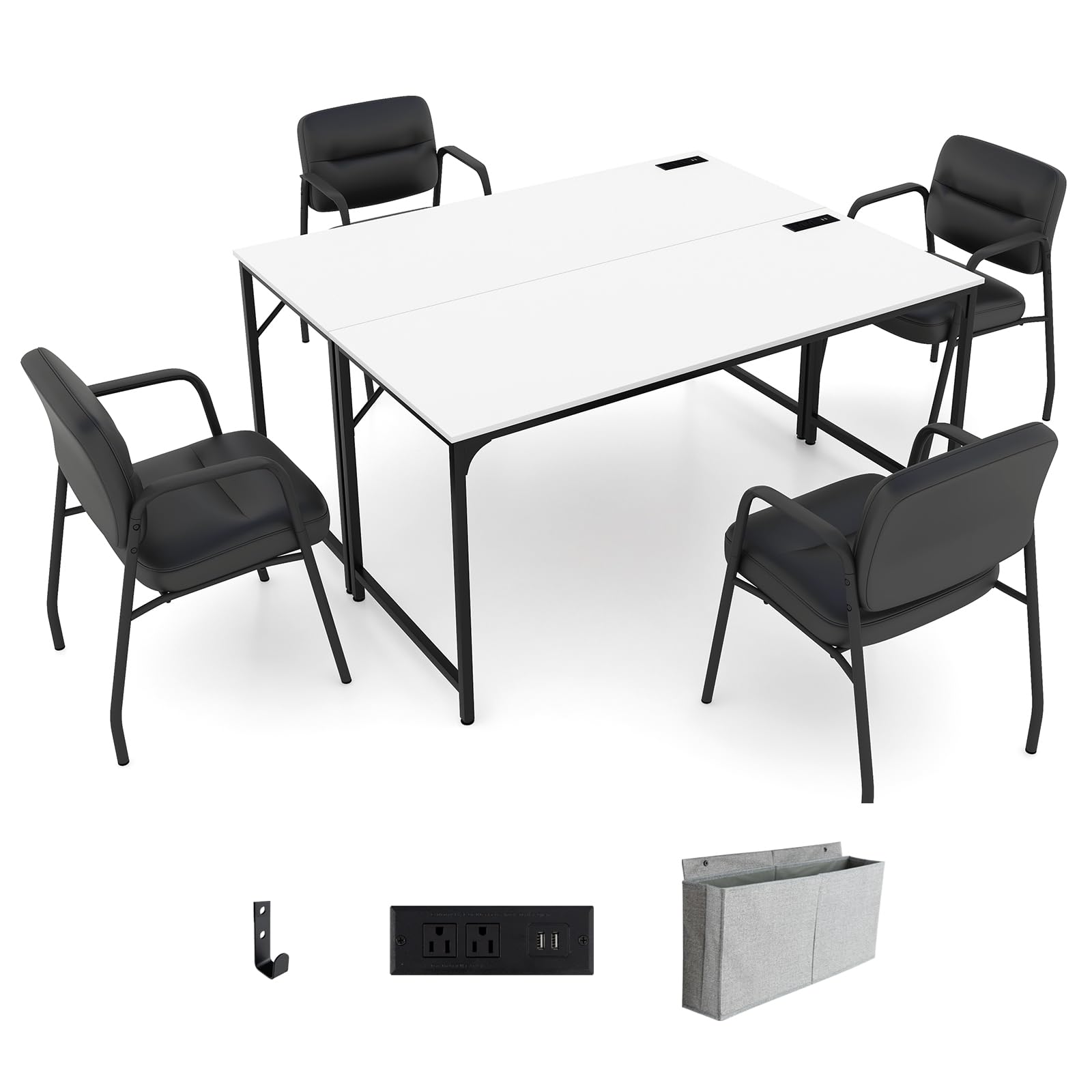 Giantex 10 FT Conference Table with Charging Station, 2 PCS 60" x 24" Rectangular Large Meeting Room Desk with Storage Bag & Hook, Space Saving