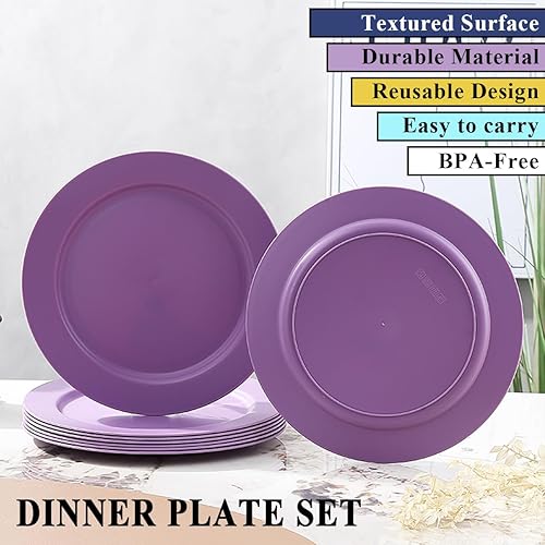 Miniatura 3 de Berglander Juego de 8 platos de plástico de 10 pulgadas, platos planos reutilizables morados, platos de ensalada, cuencos para pasta, juego de
