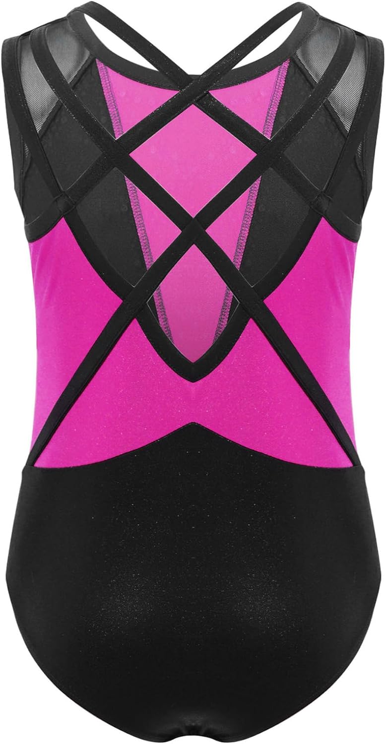 ACSUSS Gymnastics Leotard for Girls Sleeveless Shiny Ballet Dance Dance Unitard Biketard with Shorts Hair Scruchies Hot Pink 13-14 Years