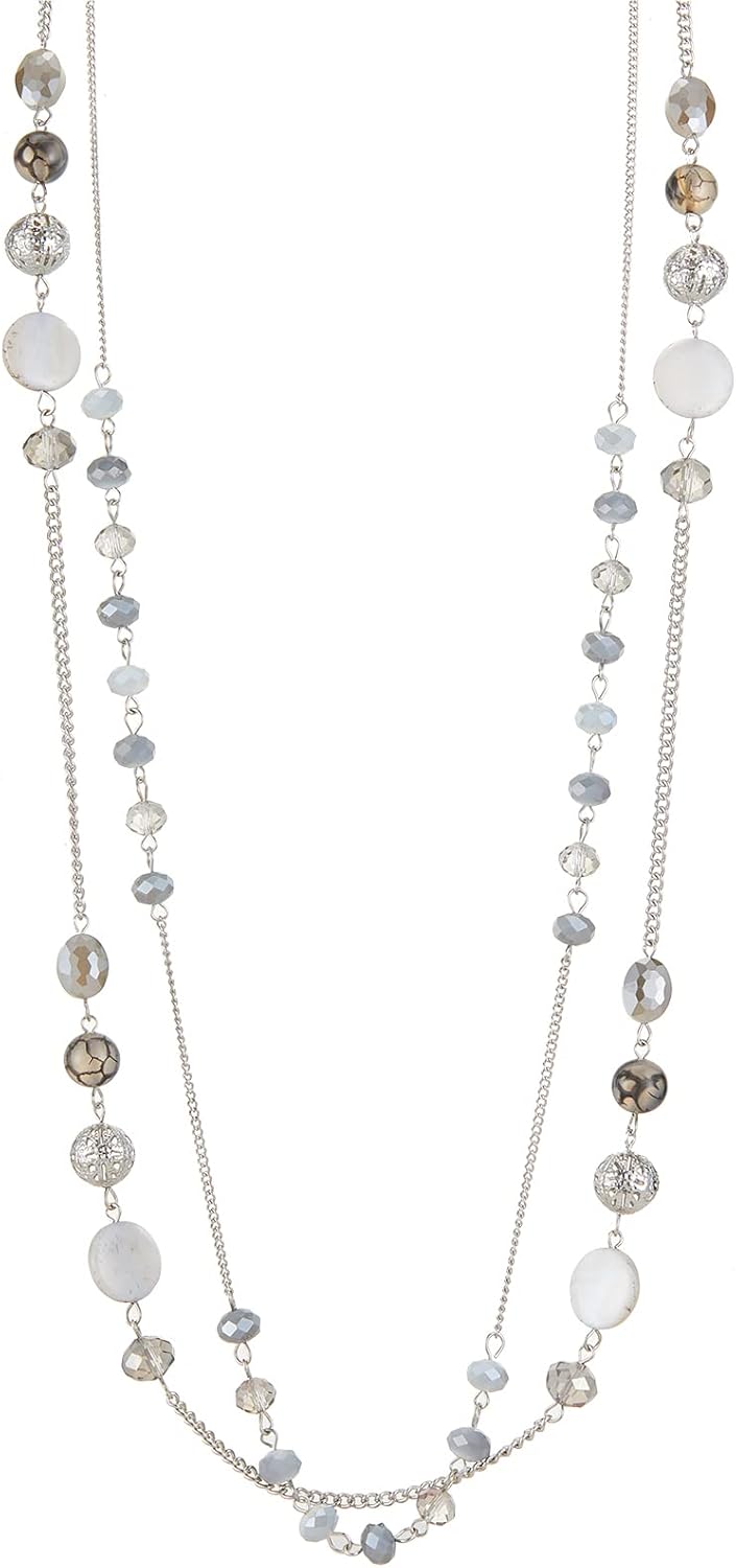 Noessla Layered Long Necklaces for Women Crystal Beaded Statement Necklace Sweater Silver Chain with Gifts Box Jewelry