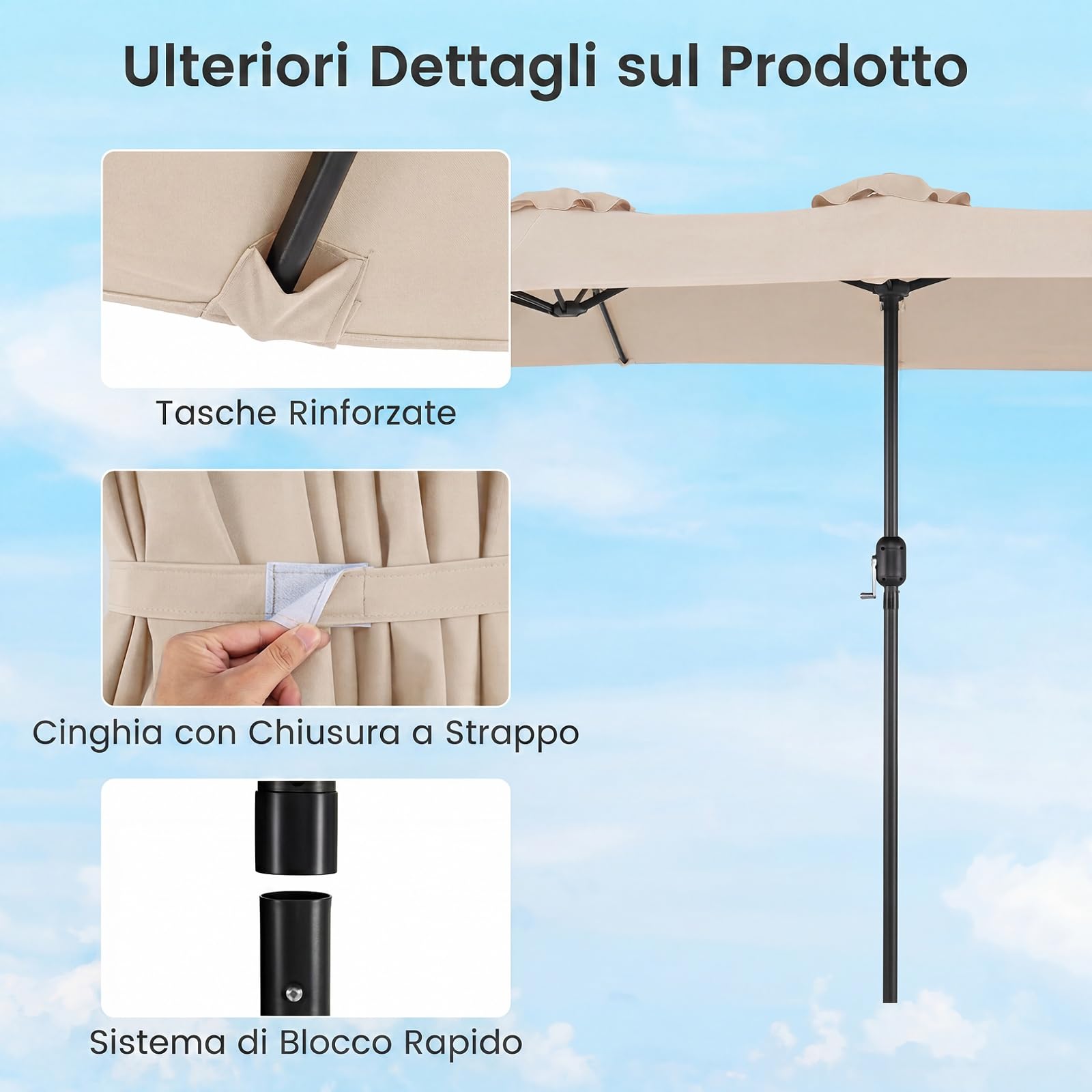 COSTWAY Ombrellone da Giardino Doppio 375 x 215 cm, con Manovella, Anti-UV, 12 Stecche Metalliche, per Terrazza, Piscina e Cortile (Beige, 375 x 215 cm non luci)