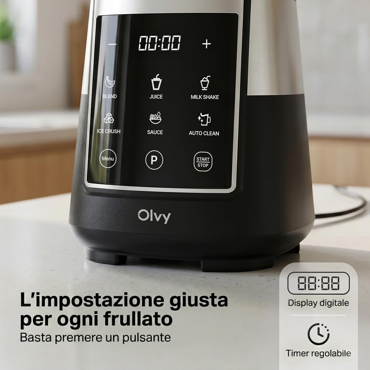 Olvy Frullatore Smoothie Maker 1500ml Vetro To-Go Timer LED 6 Lame-Black