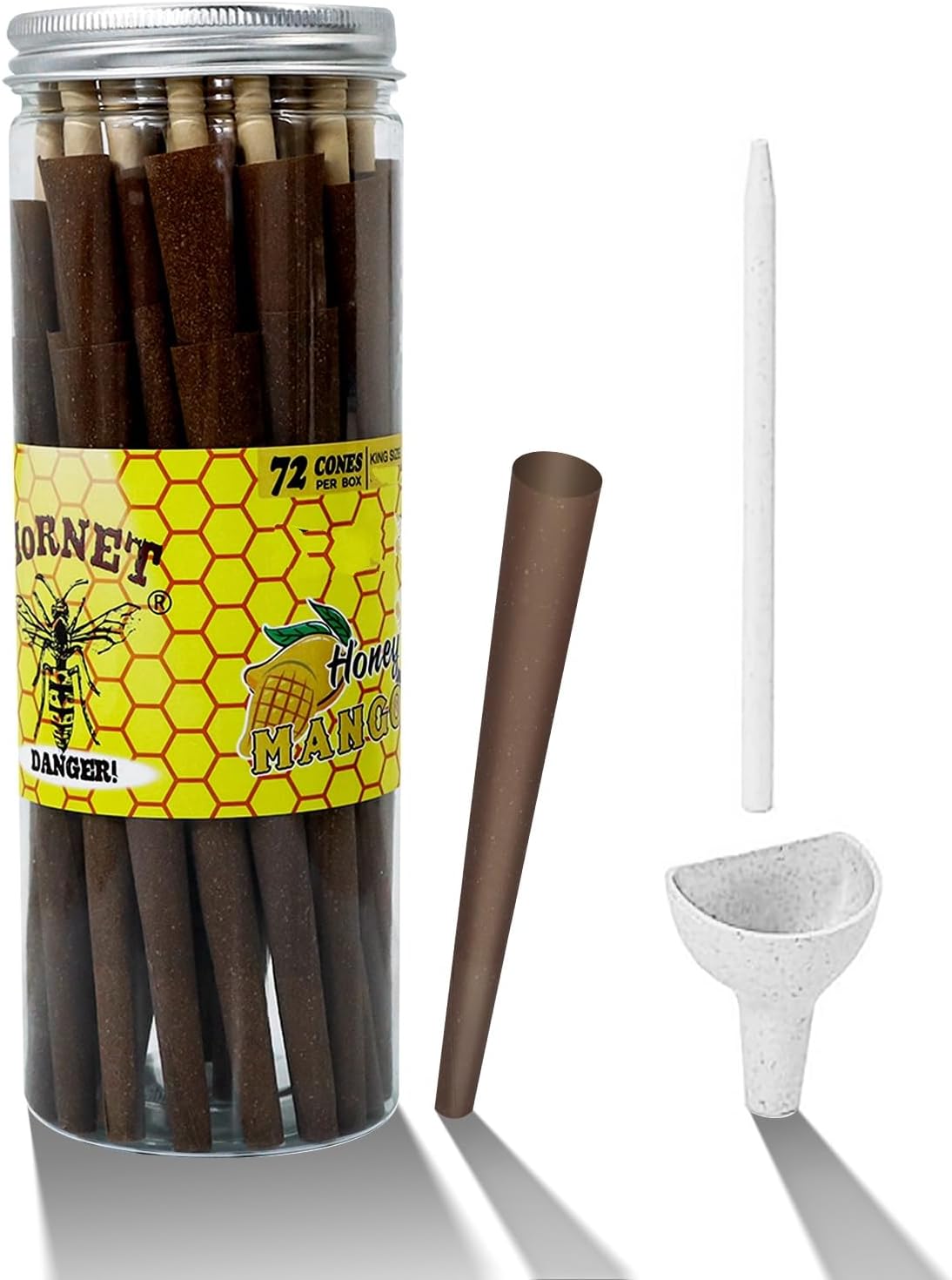 HORNET Pre-Rolled Cones With Different Fruit Flavored, King Size Natural Pre Rolled Papers With Filter Tips | 72 Pack | Include Cone Loader (Mango, Brown)