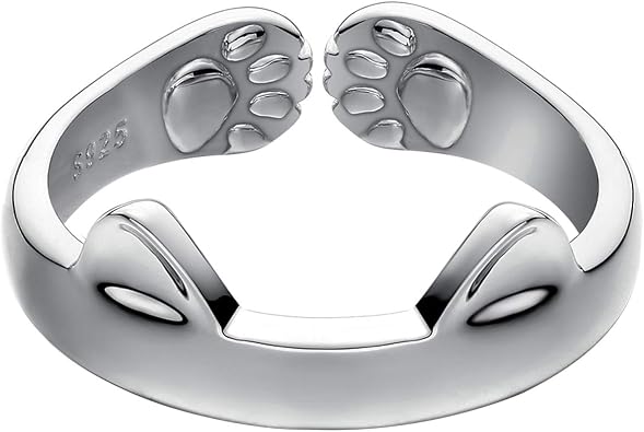 S925 Sterling Silver Cat Ears Open Tail Ring Paws Mutual Surrounded