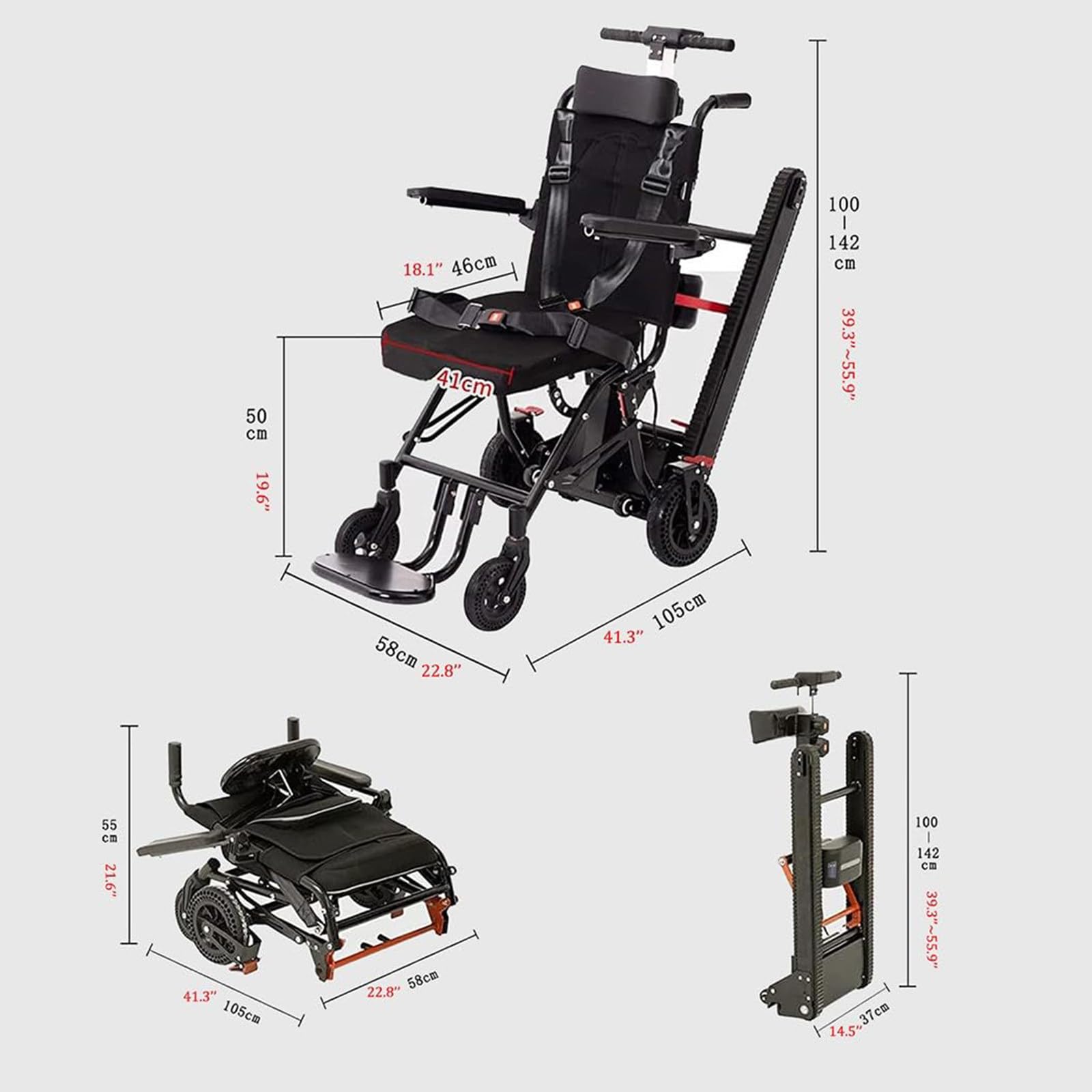 Silla de Ruedas eléctrica con Elevador de escaleras, Carro de Mano, Elevador de escaleras, Estructura de Acero al Carbono de 17 kg, batería de Litio de 13 A, Capacidad de Carga de 150 kg.