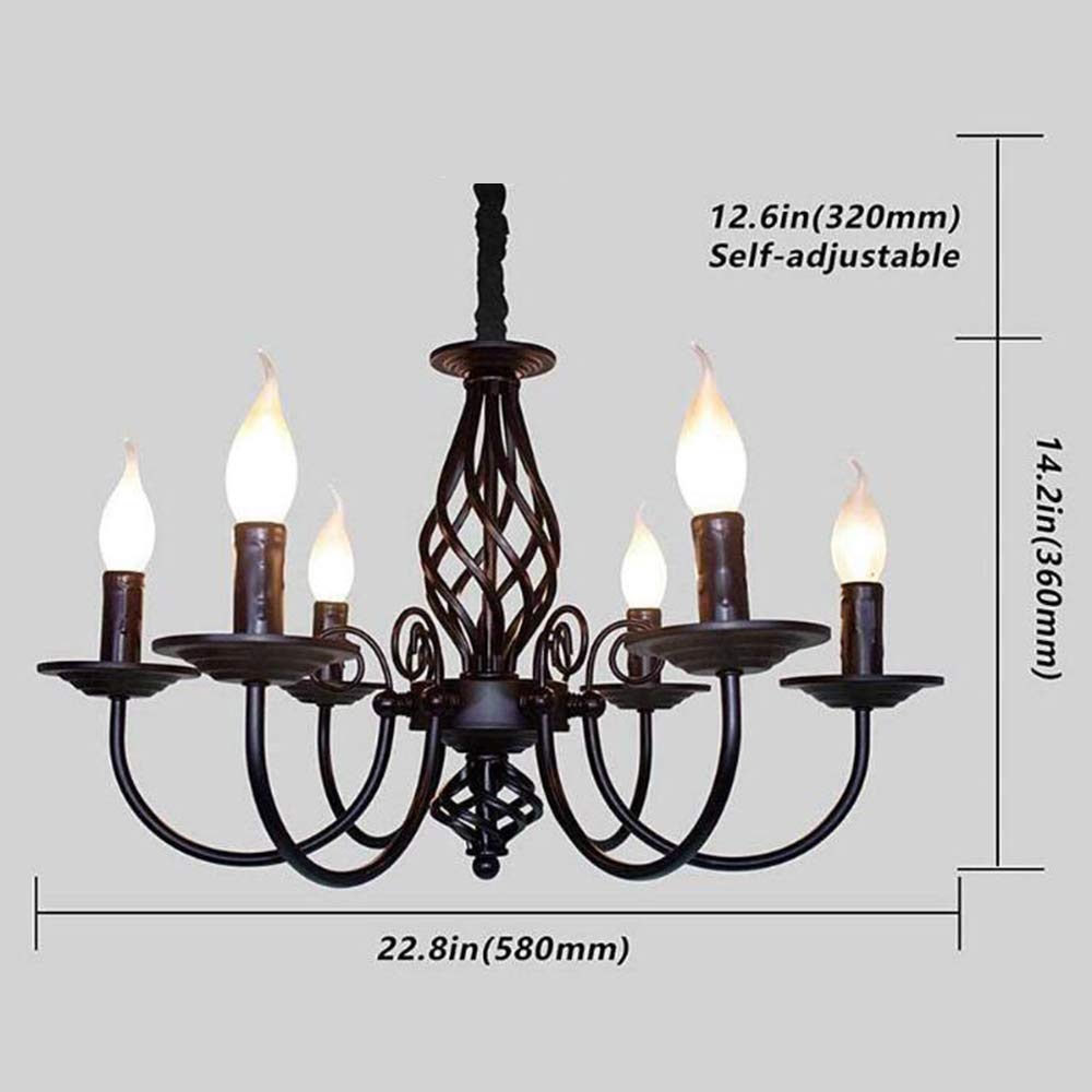 Antik Schwarz Kronleuchter Kerze Pendelleuchte Industriestil Eisen Esszimmer Lichter Höhenverstellbar E14 Schmiedeeisen Retro Hängelampe Landhausstil Wohnzimmer Schlafzimmer Pendellampe, 6-Flammig