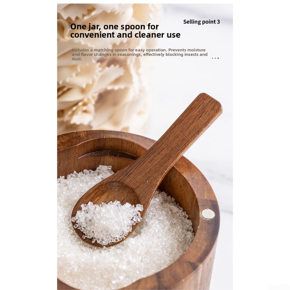 Salière en bois d'acacia avec couvercle rotatif, boîtier de cuillère et dimensions intérieures optimisées pour le débit (marron)