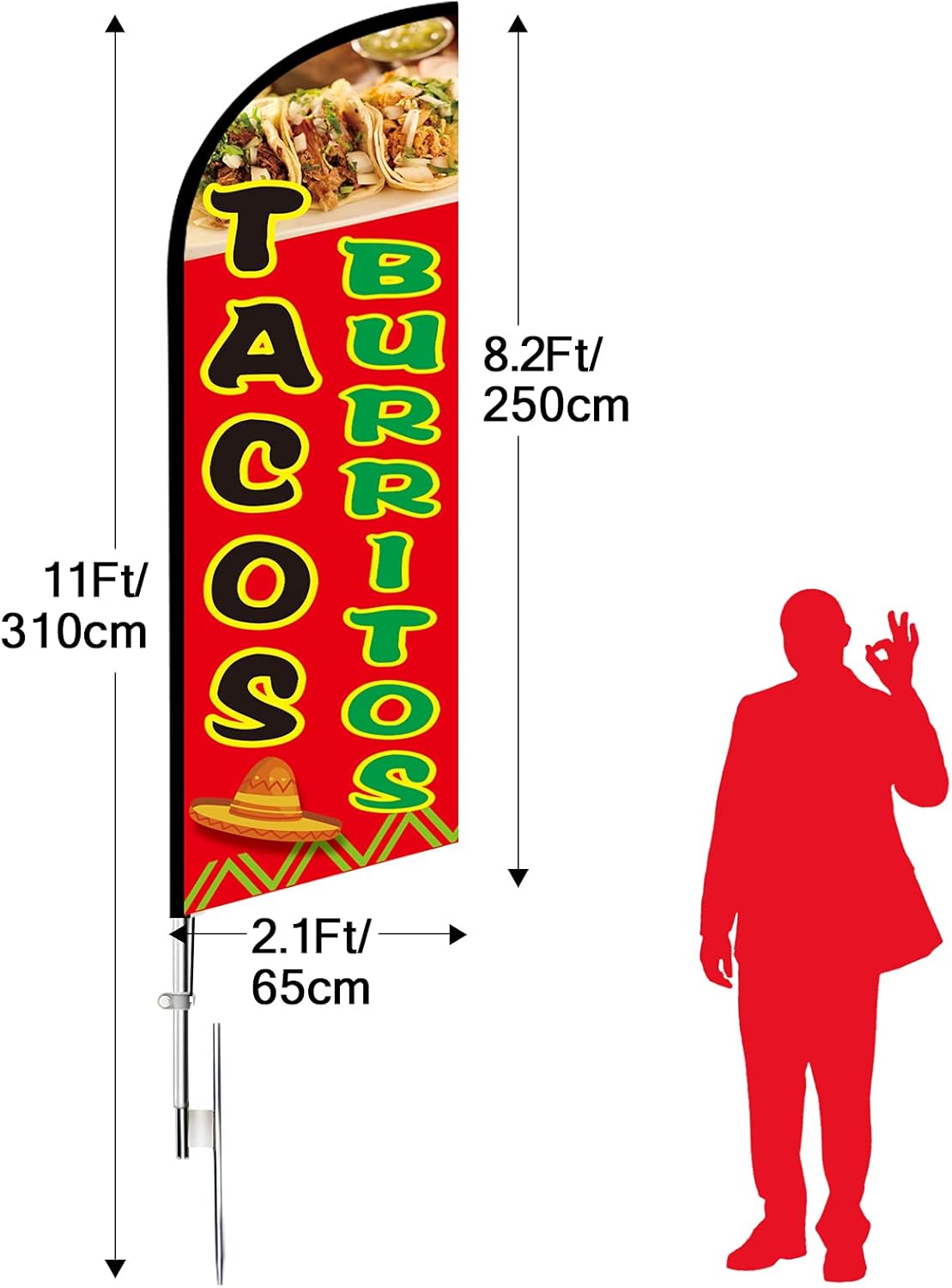 Tacos Burritos Flag, 11FT Taco Feather Flags for Businesses, Tacos Sign with Pole and Ground Spike for Outdoor Advertising for Mexican Food Trucks, Stands & Restaurants - Image 2
