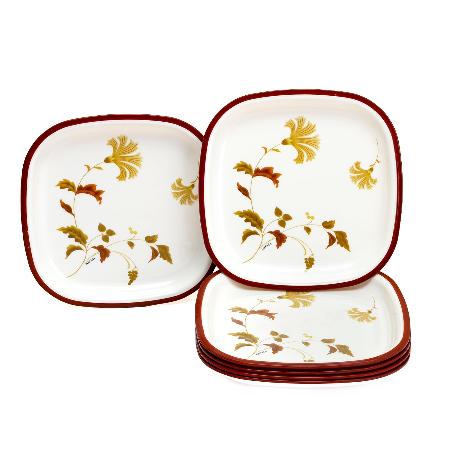 Nayasa Plato cuadrado DLX | Juego de 6 | Plato de aperitivos apto para microondas | Duradero y elegante | Perfecto para servir aperitivos, postres y comidas pequeñas | Vajilla de cocina | Granate