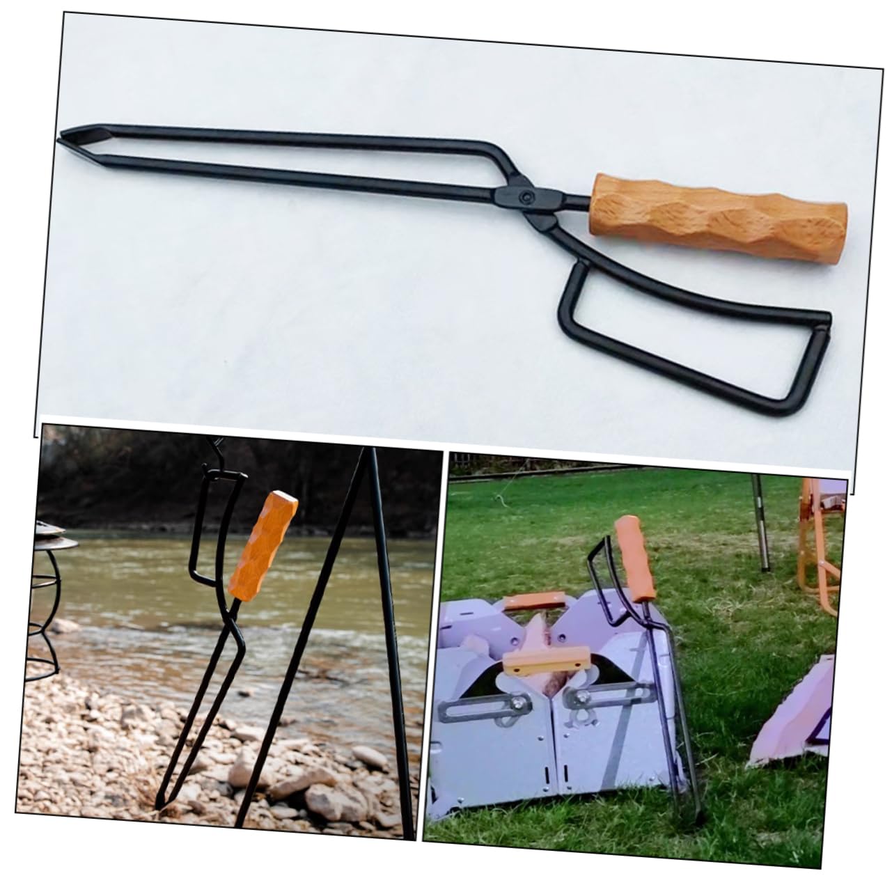 Mobestech Pinze per Carbone Allungate in Ferro e Legno Manici Spessi per Spostare la Legna, Accessori per Stufa per Spiagge e Barbecue All'aperto