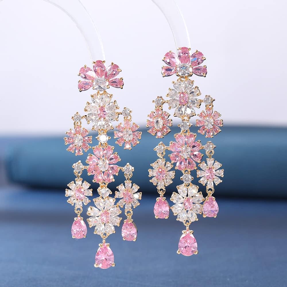 Solid Gold over S925 Sterling Silver Floral Drop Dangle Earrings, Elegant Moissanite Wedding Jewelry, Lightweight Handmade Gift for Her - Image 2