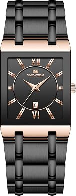 Mens Watch, Square Watch for Men, Business Wrist Watch, Stainless Steel Strap Fashion Calendar Display Quartz Waterproof Watch Rose Gold Case Black Band