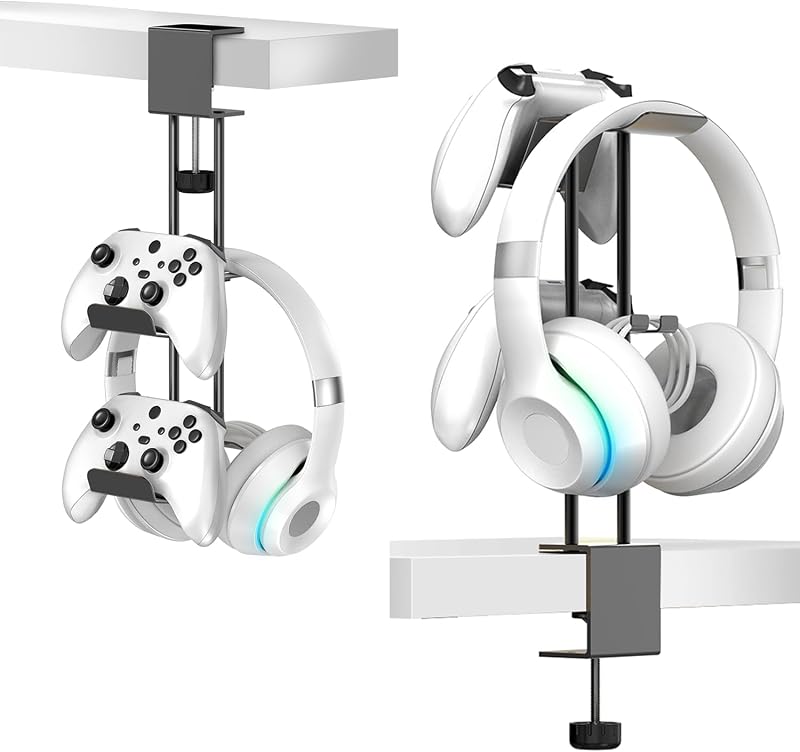 Soporte para auriculares con soporte para controlador, abrazadera de aluminio para debajo del escritorio, soporte para auriculares y controlador, colgador de auriculares 2 en 1 para PC de escritorio, organizador de accesorios para juegos con PS5 Xbox Series S