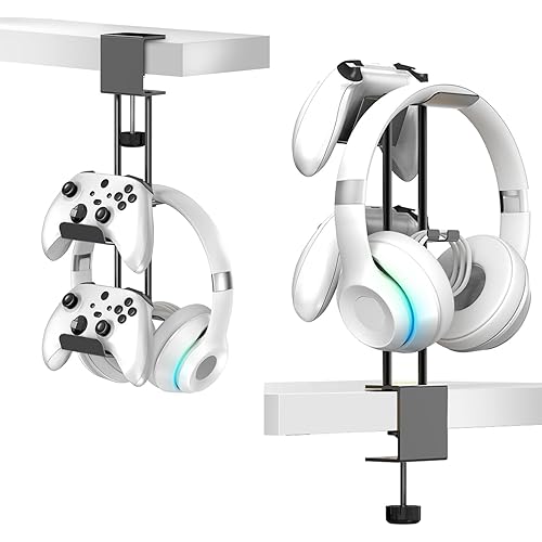 Headphone Stand with Controller Holder, Aluminum Under Desk Clamp Headset and Controller Stand - 2 in 1 Headphone Hanger for Desktop PC Gaming Accessories Organizer with PS5 Xbox Series S