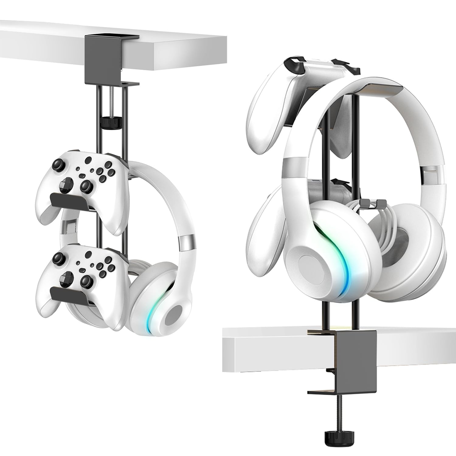 TpeeTeek Headphone Stand with Controller Holder, Aluminum Under Desk Clamp Headset and Controller Stand - 2 in 1 Headphone Hanger for Desktop PC