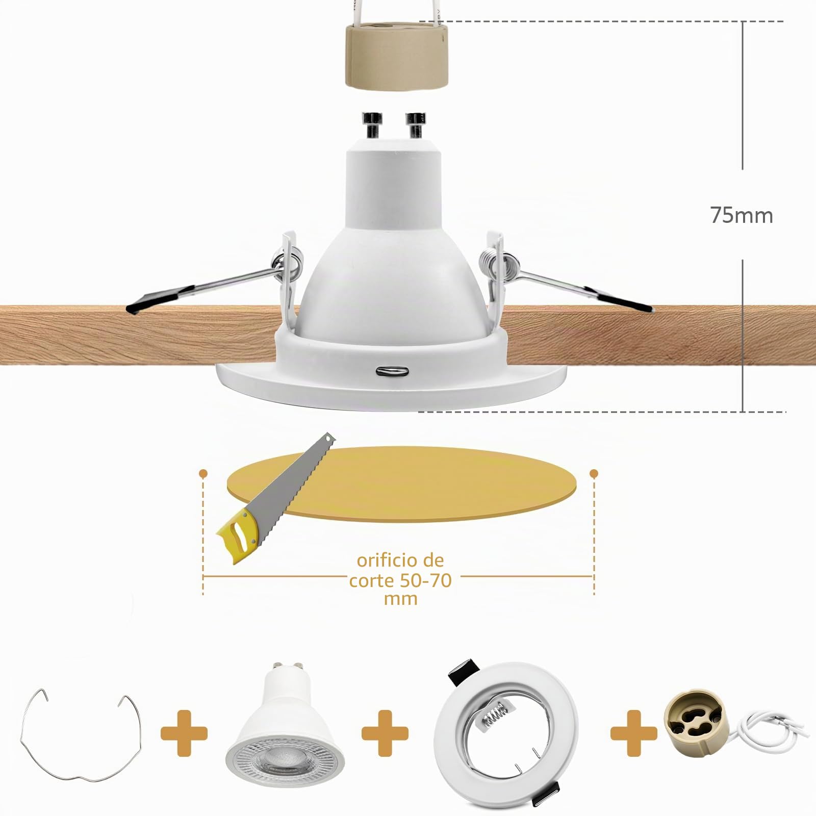 Pack 24 Marco Empotrable Focos GU10 Blanco Sin Bombilla | Marco Ojo de Buey Redondo Metálico | Con Casquillo GU10 VDE |Para Agujeros 55-70mm | Para Lámpara 50mm | Bombilla No Incluida
