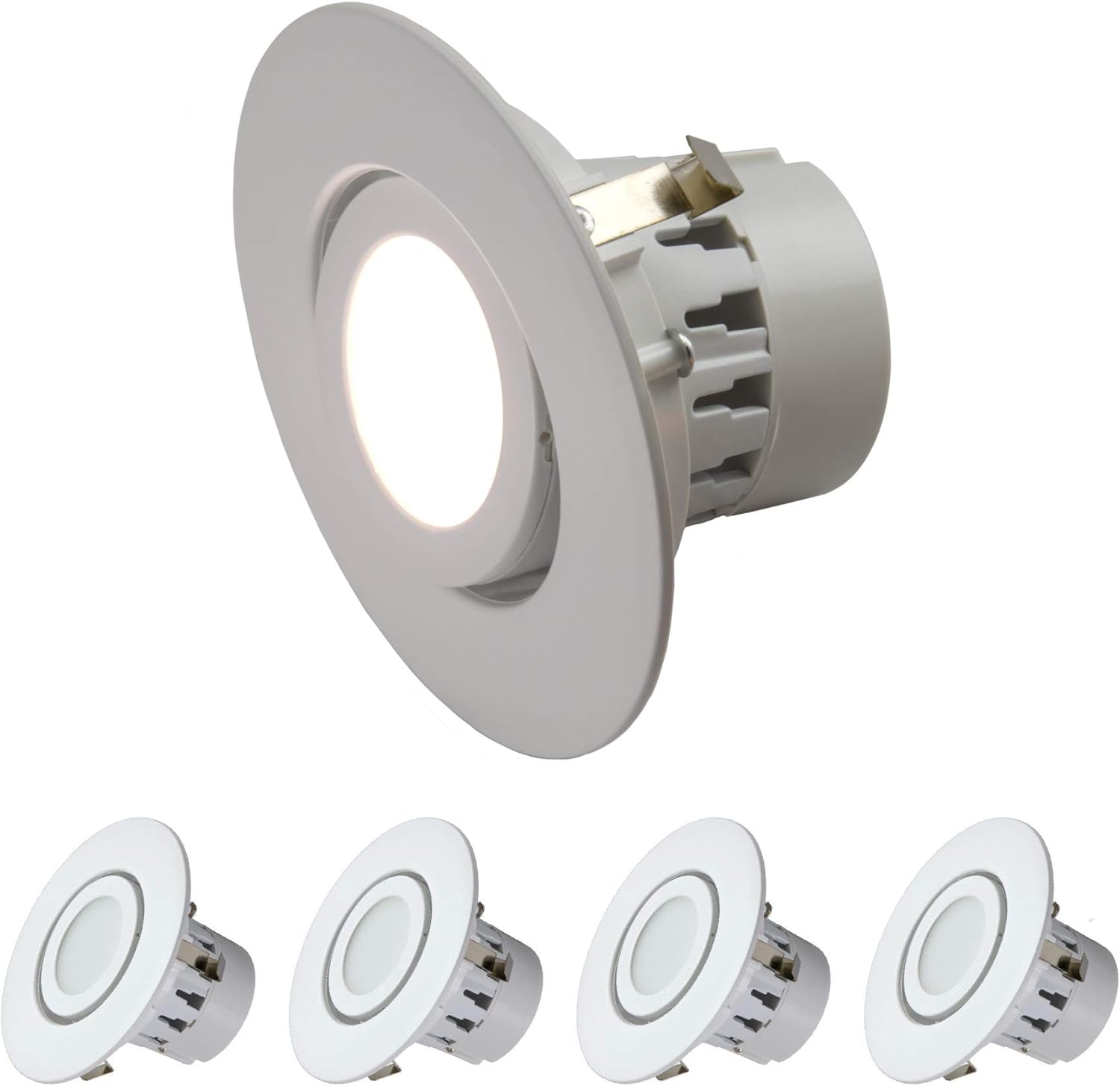 QuestLED 4” LED Adjustable Rotating Downlight 4 Pack, 10W Dimmable LED Ceiling Light, Gimbal & Round Lens (3000K Soft White Glow)