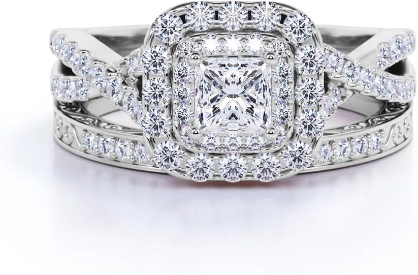 1.25 Carat Princess Cut Moissanite Wedding Ring Sets for Women Double Halo Square Bridal Sets Wedding Rings in 925 Sterling Silver 10K 14K 18K Gold for Anniversary Valentine’s Day