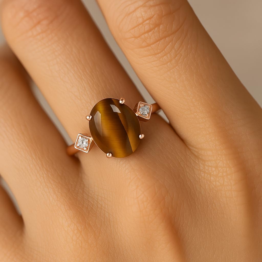 Oval Cut Tiger Eye Engagement Ring for Women 14k Rose Gold Vintage Ring with Diamond Accents Dainty Boho Gemstone Jewelry Gift
