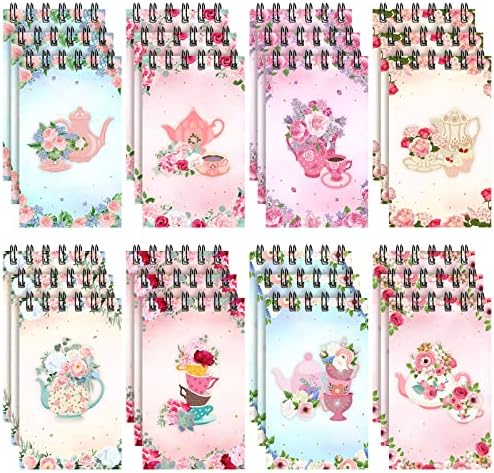 24 Packs Mini Tea Party Notebooks Floral Tea Time Party Favor Set Vintage Teapot Party Spiral Pocket Notepads Tea Party Memo Spiral Tiny Notebooks for Kids Birthday Party School Office Supplies
